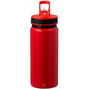 A drink bottle in bright red with a black lid, featuring a handle and a logo.