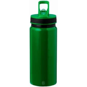 A drink bottle in a vibrant green colour with a black lid and a carry handle. It features a logo.