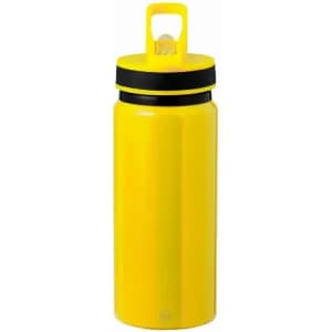A drink bottle in bright yellow with a black lid and a handle, featuring a logo on the side.