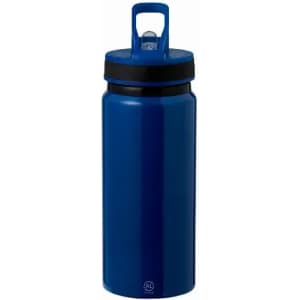 A drink bottle in a deep blue colour with a black lid and a handle for easy carrying.