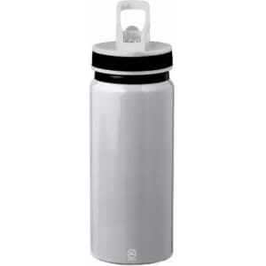 A drink bottle in white with a black lid and a handle. It features a logo on the bottom.