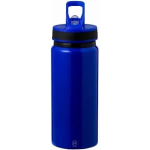 A drink bottle in a vibrant blue colour with a black lid and a handle for easy carrying. It features a logo.