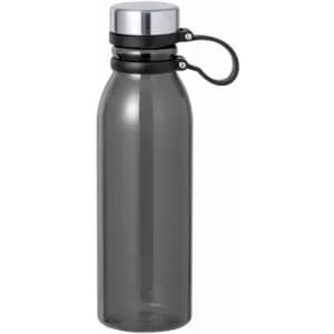 A drink bottle in grey with a silver metal cap and a black clasp for secure closure. It features a simple, sleek design.