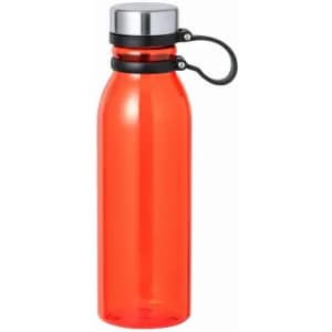 A drink bottle in bright red with a silver cap and a black carrying strap. It features a logo.