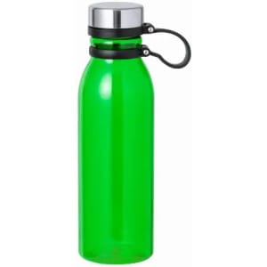 A drink bottle in bright green plastic with a silver metal lid and a black carrying strap. Features a logo.