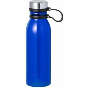 A drink bottle with a shiny silver cap and a blue body, featuring a black carrying loop.