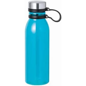 A drink bottle in bright blue with a silver lid and a black strap for easy carrying.