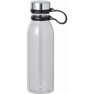 A drink bottle with a clear body, black cap, and silver accent. Features a small handle for easy carrying.