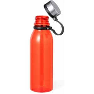 A drink bottle in bright red with a silver cap attached by a black loop.