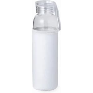 A drink bottle with a clear body and a white sleeve, featuring a lid and a strap.
