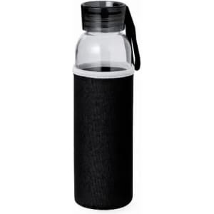 A drink bottle with a transparent glass body and a black fabric sleeve, featuring a black cap and a carrying strap.