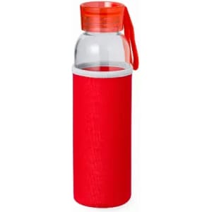 A drink bottle with a clear body, red lid, and red sleeve for insulation. It features a logo.