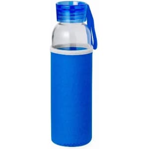 A drink bottle featuring a clear body with a blue neoprene sleeve and a blue lid, alongside a carrying strap.