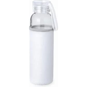 A drink bottle with a clear glass body and a white sleeve, featuring a handle and a lid.