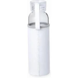 A drink bottle with a clear glass body and a white protective cover featuring a handle.