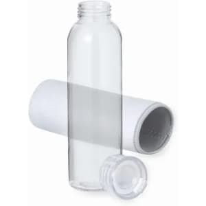 A clear drink bottle with a white outer sleeve and a white screw-on lid. The bottle has a simple design and a logo.