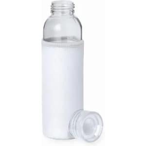 A drink bottle with a clear body and a white sleeve, featuring a matching white cap beside it.
