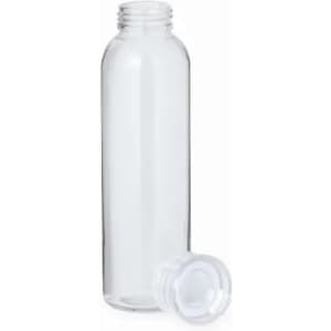 A clear drink bottle with a removable white cap and a simple design. Features a logo on the bottle.