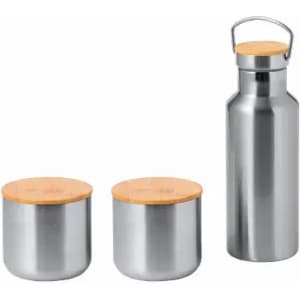 A drink bottle and two canisters with bamboo lids in stainless steel. The set features a sleek, modern design.