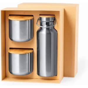 A drink bottle and two canisters with wooden lids in a gift box. The products are silver and have a modern design.