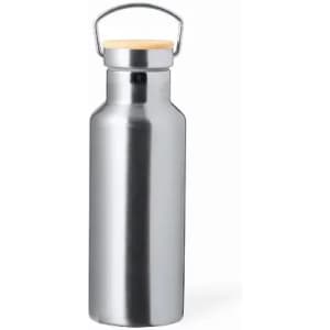 A stainless steel drink bottle with a wooden cap and a metal handle. It has a shiny silver finish.