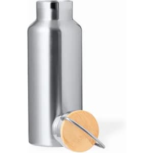 A drink bottle in polished silver with a wooden lid and a metal clasp. Features a sleek, modern design.