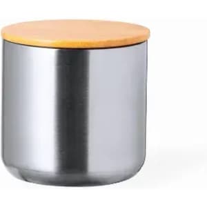 A drink bottle with a shiny silver body and a wooden lid, featuring a simple, sleek design.