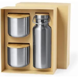 A drink bottle and two containers in a gift box, featuring stainless steel and bamboo lids.