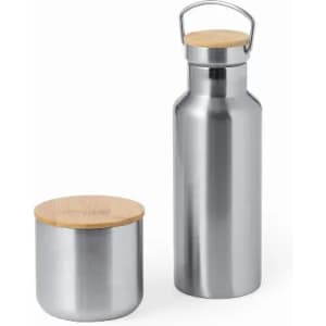 A drink bottle and a container in silver stainless steel with wooden lids. The bottle features a metal handle.