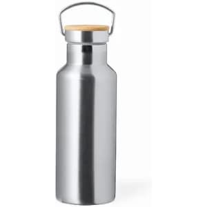A drink bottle in sleek silver stainless steel with a wooden cap and a metal handle. Features a simple design.