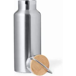 A drink bottle made of stainless steel with a wooden cap and metal attachment. It features a sleek, silver finish.