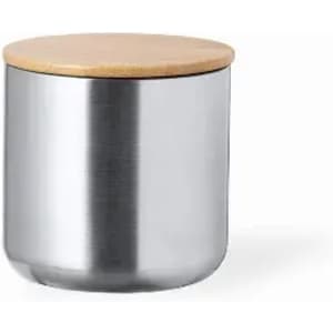 A drink bottle with a stainless steel body and a light wooden lid, featuring a simple, modern design.