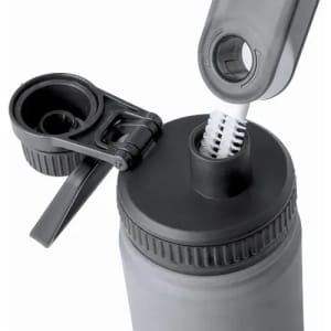 A drink bottle in grey with a black lid and a removable straw for easy cleaning. Features a logo on the side.