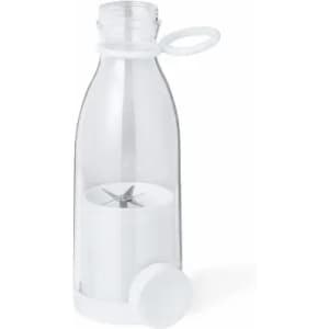 A drink bottle in clear plastic with a white bottom and a blending mechanism inside. Features a sturdy loop for easy carrying.