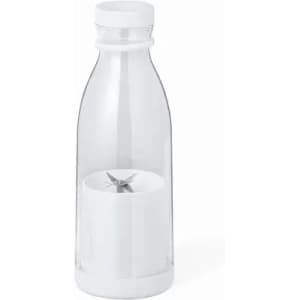 A drink bottle in clear plastic with a white base and a blending blade inside. It features a logo.