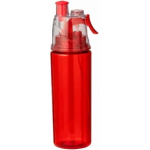 A drink bottle in bright red with a clear, pump-action lid and a spout. It features a logo on the front.