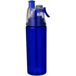 A drink bottle in vibrant blue with a clear lid and a pump action nozzle, featuring a logo.