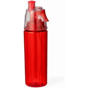 A drink bottle in vibrant red featuring a clear cap and a spray nozzle, with a logo on the side.