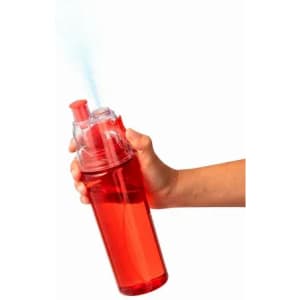 A drink bottle in red with a transparent lid and a spout, held in a hand, featuring a logo.