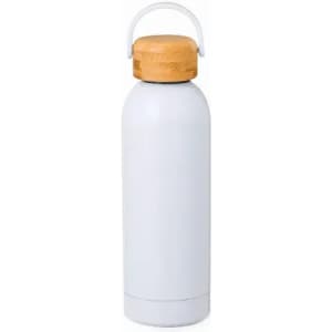 A drink bottle in white with a wooden lid and handle, featuring a logo on the body.