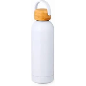 A drink bottle in matte white with a wooden lid and a handle. It features a sleek, modern design.