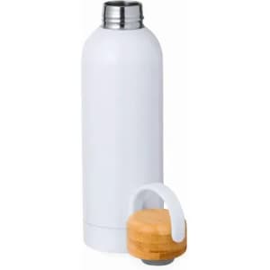 A drink bottle in white with a wooden cap, featuring a sleek design and a logo.