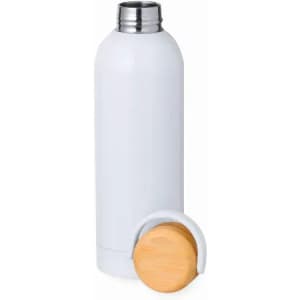 A drink bottle in white with a stainless steel lid and a wooden base. It features a logo on the side.