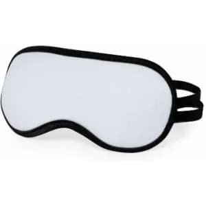A sleep mask featuring a white front and black edges, designed for blocking out light. It has an adjustable strap.