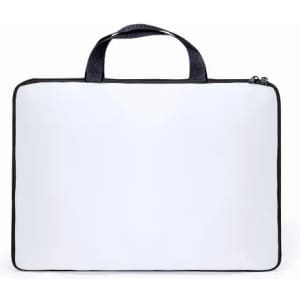 A white laptop case with a dark blue zipper and handles, featuring a plain surface without any design or branding.