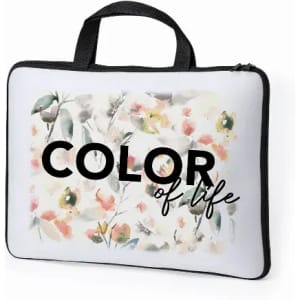 A laptop sleeve featuring a floral design in soft colours with a black and white text logo. It has a black zip and handle.