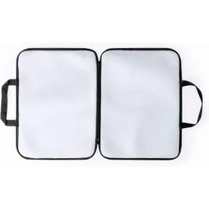 A zipped folder with a black exterior and two open compartments, featuring handles on each side.
