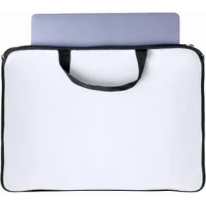A laptop sleeve with a white outer fabric and a black zipper, featuring two black handles on top.