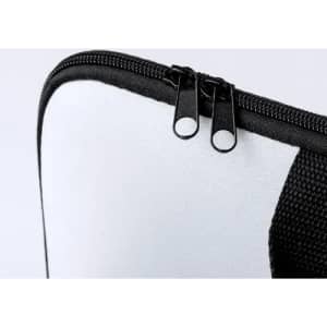 A zipped pouch with a white surface and black trim, featuring double zippers for closure.