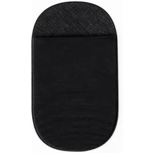 A black promotional product featuring a smooth surface with a textured area at the top and a branded logo.